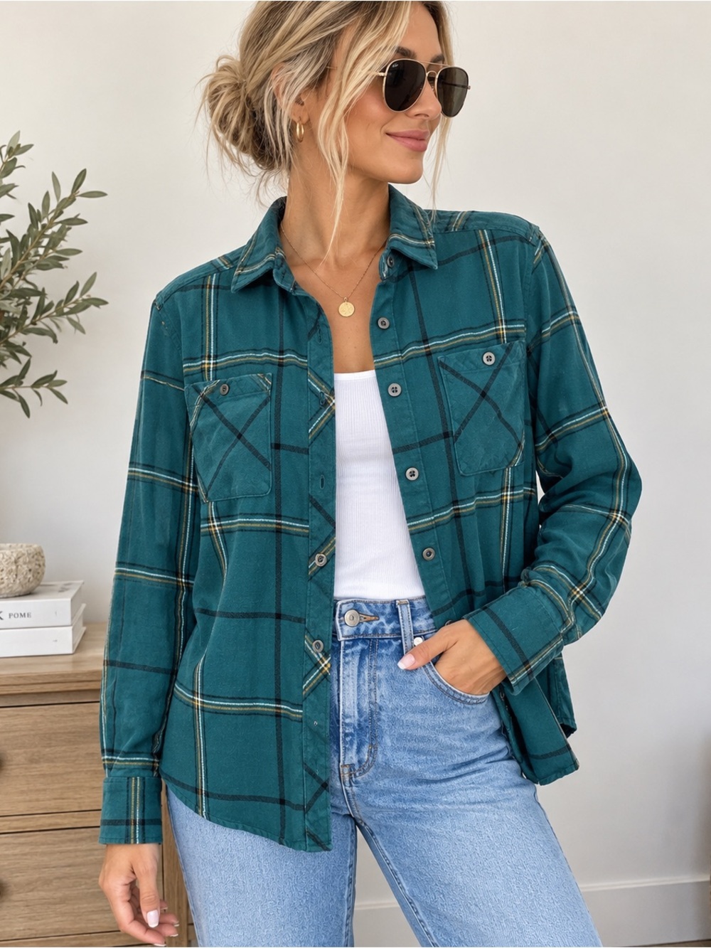 LA Hearts Teal Plaid Flannel Button Down Shirt Medium